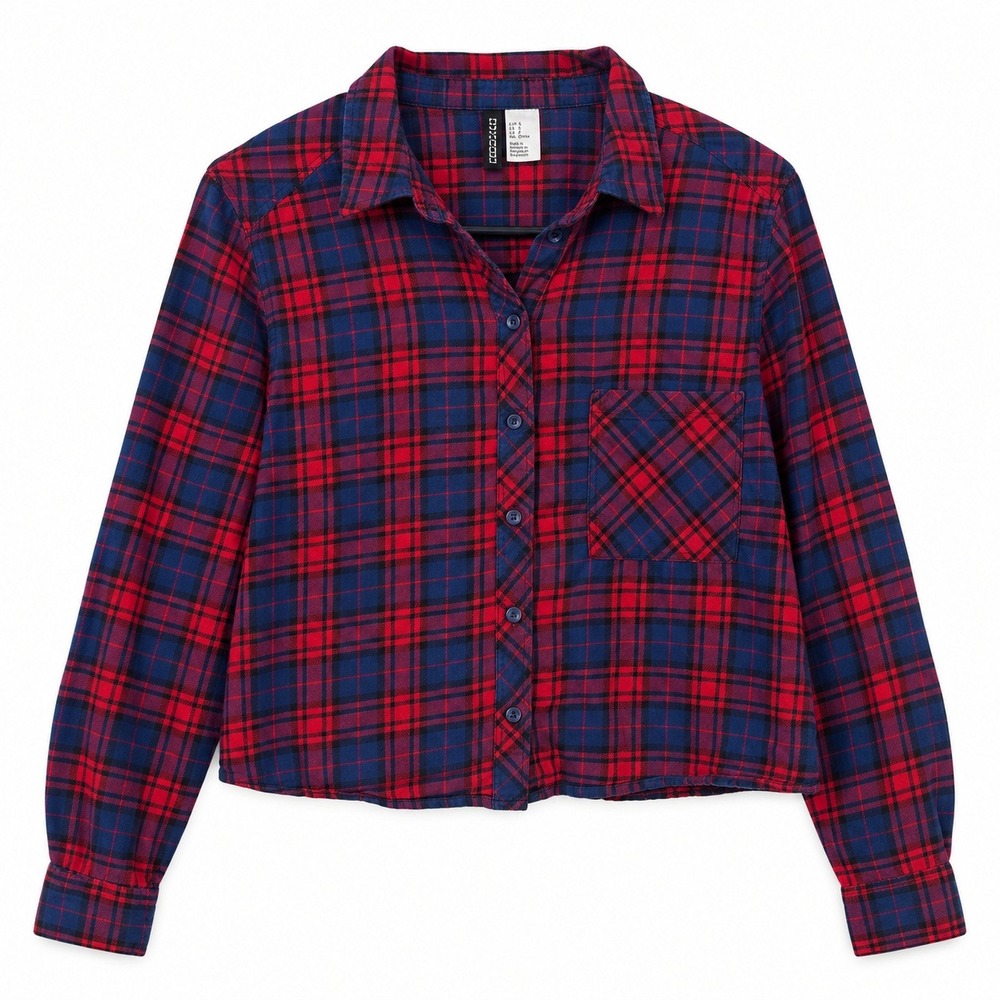 H&M Divided Y2K Women Red Blue Plaid Cropped Flannel Shirt sz 10 Gilmore Girls